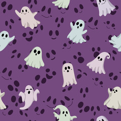 Halloween seamless pattern with cute ghost hand drawn vector on purple retro background