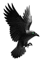 A majestic ancient raven carved from polished black obsidian, intricate feathers, glowing emerald eyes, vast wings wide, on a clean transparent studio background with soft lighting, concept of ancient