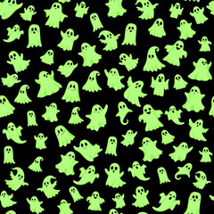 Seamless pattern happy Halloween background with cute green ghosts cartoon character design. Textiles, wallpapers and festive decoration