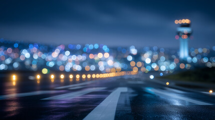 Close-up of runway lights with soft halo glow, polished tarmac reflecting colors, airport structures blurred in background, cinematic nighttime feel