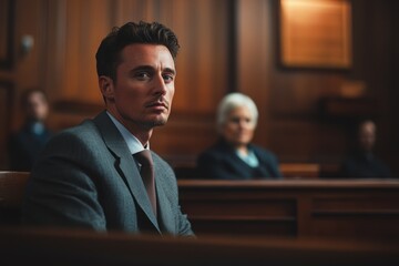 Man in a Formal Suit Sits in a Courtroom, Looking Serious and Focused During a Legal Proceeding