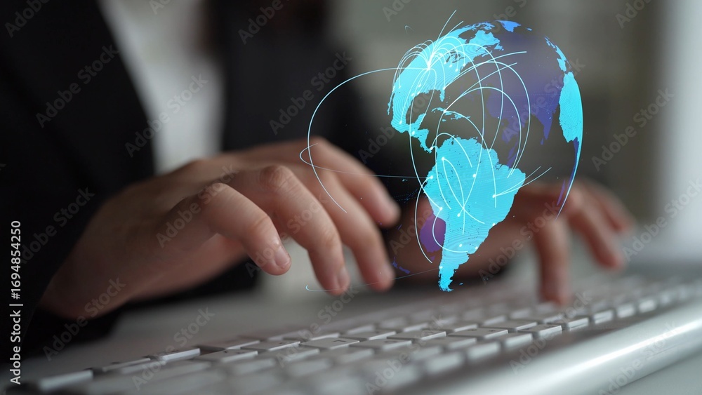 Poster global network connection visualization showing data exchange, digital link, worldwide communication