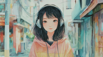 Obraz premium anime girl with headphones in the city street, soft pastel tones, perfect for posters, wallpapers and digital art projects