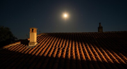 Moonlit terracotta roofscape with chimney and starry night sky above