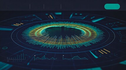 Title: Futuristic digital interface with circular data visualization and technology chart design 
