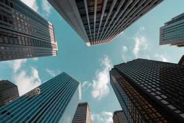Obraz premium Looking Up at Tall City Skyscrapers Against a Cloudy Sky
