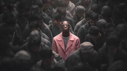 hombre con saco rosa pastel sobresaliente entre las demas personas vestidas de gris y negro exito y superacion personal lider entre la multitu libre 