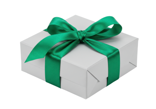 Isolated gift box with green ribbon bow - Birthday celebration, Holiday wrapping, Party present