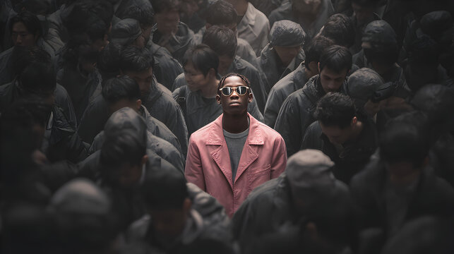 hombre con saco rosa pastel sobresaliente entre las demas personas vestidas de gris y negro exito y superacion personal lider entre la multitu libre 