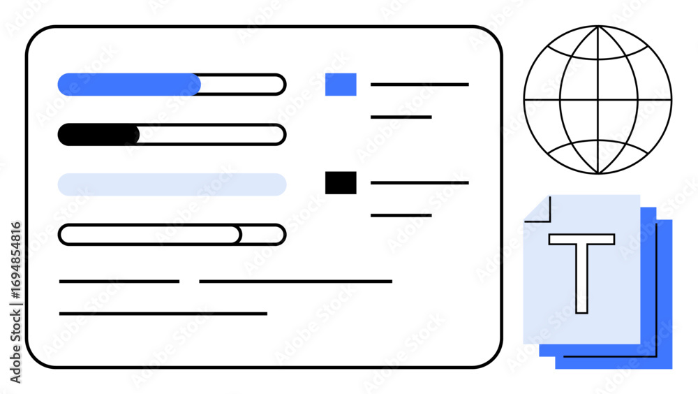 Poster progress bars with text items, globe icon, and stacked documents represent project management, workf