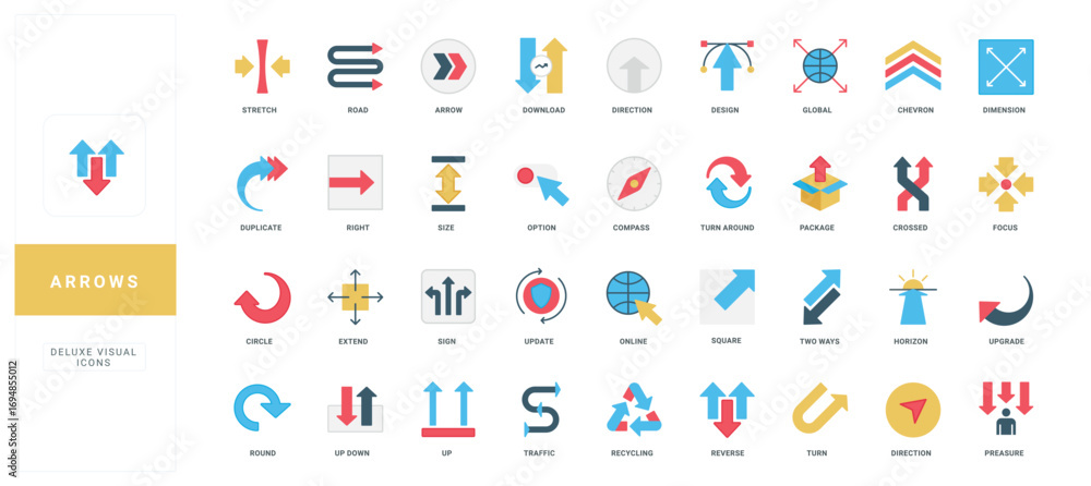 Aufkleber direction and size, round and curved navigation, double arrows and buttons color icon set. up and do