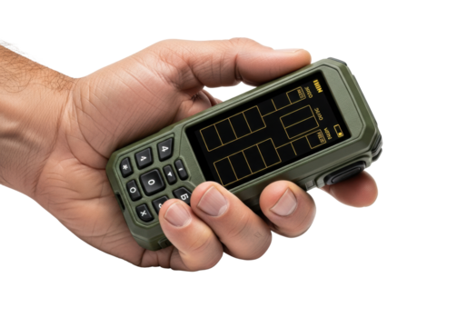 Weathered, medium-dark adult hand firmly grips a rugged olive-green field communicator with an amber-on-black screen, on white with copy space. Concept of off-grid communication reliability