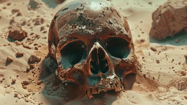 A close-up of a human skull buried in sandy dunes, with some vegetation growing around it