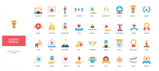 Medal badges, award prize of first place in competition, honor certificate and diploma color icon set. Premium quality reward, seal with ribbon and medallion of winner flat vector illustration