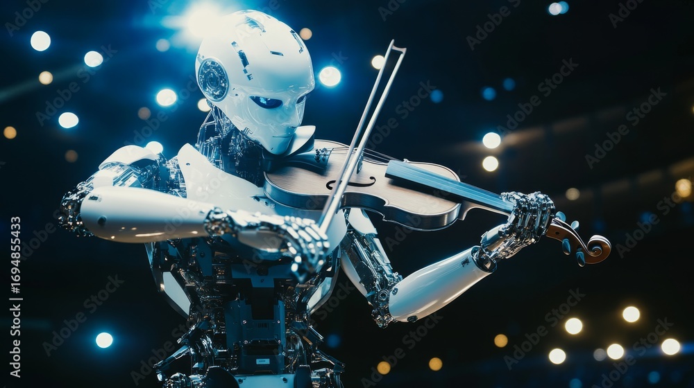 Poster humanoid robot playing violin at tech festival music performance robotics environment spectator view