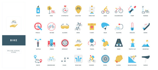 Bike repair and rental service, cyclists tools and clothes, sport exercise and hobby color icon set. Bicycle of child, road and prohibition sign, bikers helmet and glove flat vector illustration