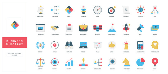 Business strategy, new ideas and trends vision, direction for growth and development process, ESG color icon set. Goal achievement roadmap, decision making, shareholder flat vector illustration