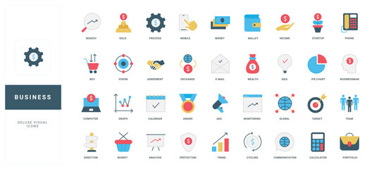 Business of corporate company and businessman purpose, profits and awards color icon set. Market trend analysis, protection of financial assets and idea, partnership search flat vector illustration