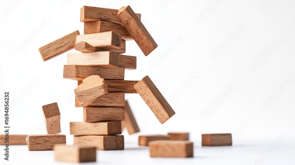 Poster tension builds as a jenga tower teeters on the edge of collapse in a minimalist setting capturing th