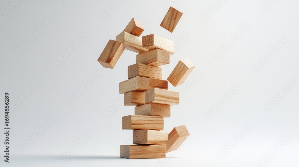 Poster teetering jenga tower in action game room image minimalist environment close-up viewpoint balance an