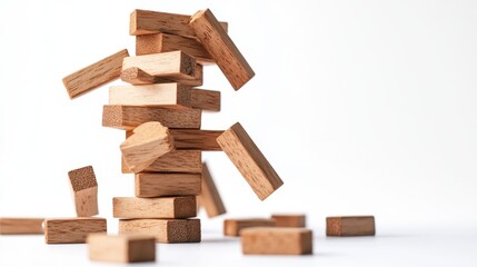 Tension builds as a jenga tower teeters on the edge of collapse in a minimalist setting capturing the thrill of anticipation