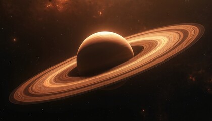 Giant planet with prominent rings orbits through vast cosmos. Celestial sphere with orange, brown bands displays immense scale. Outer space scene, nebulae, stars background. Cosmic wonder, science