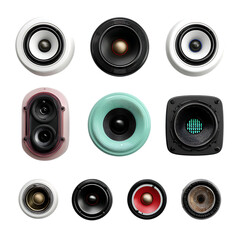 Collection of diverse speaker designs isolated on transparent background.