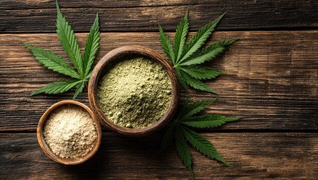 Hemp powders on rustic wood