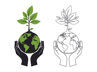 Hands Holding Earth With Growing Plant And Outline Version globe planet