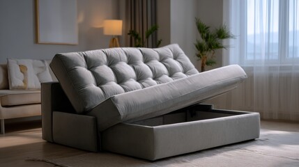 Medium shot of a multipurpose sofa bed being unfolded in a tiny living room highlighting the sofas texture while the rest of the room remains softly out of focus