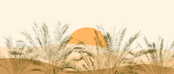 sunset in the desert with dates tree background