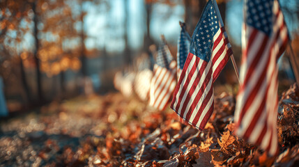 Row of american flags gently waving in a soft breeze honoring patriotic remembrance and national pride