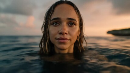 A close-up portrait of a young woman with wet, brown hair, emerging from calm ocean water at sunset. Her expressive, light-grey eyes gaze directly at the camera.  The background is softly blurred, 