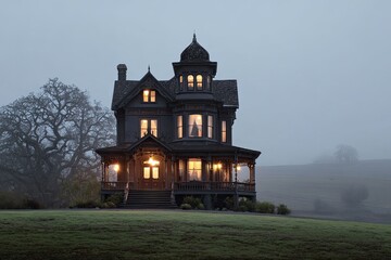 Mysterious old house in fog