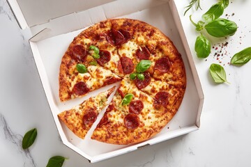 Pizza in a box, fresh slices, herbs