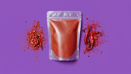 A visually striking display of a clear pouch filled with vibrant red chili powder and a scattering of red chilies, showcasing the rich color and texture against a vivid purple background.
