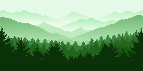 Serene green mountain range with layers of pine trees and misty peaks © Rathin