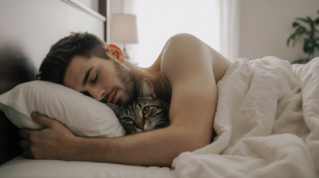 Man sleeps peacefully with cat in cozy bedroom during morning hours - Powered by Adobe