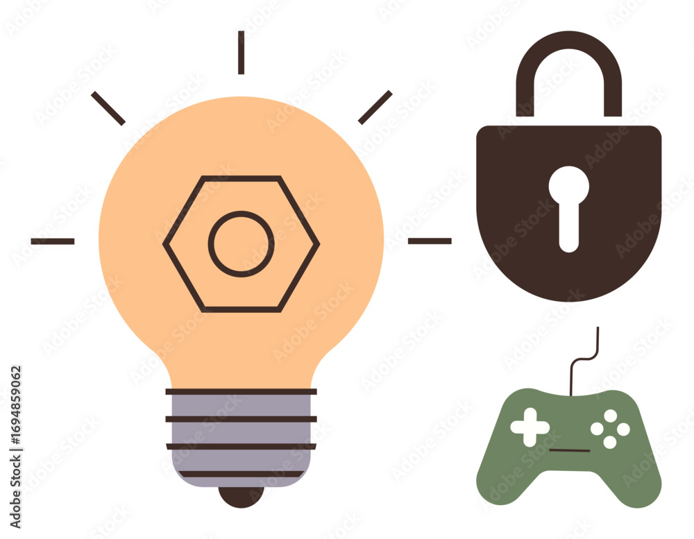 Poster light bulb symbolizing innovation, a lock for security, and a game controller for technology. ideal 