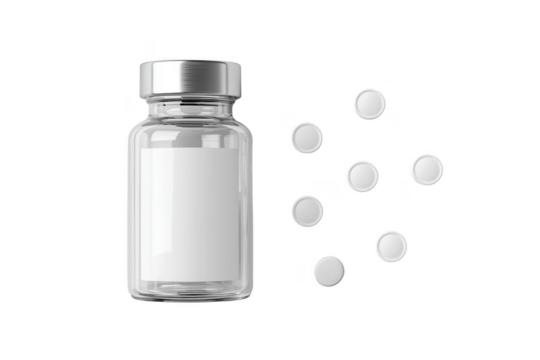 Glass vial with silver cap and scattered white pills isolated on a transparent background bottle medicine - Powered by Adobe