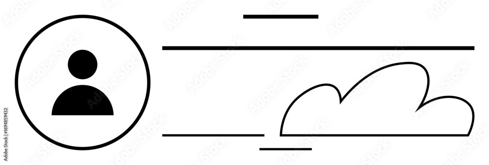 Poster profile icon beside parallel lines and cloud shape, symbolizing user identification, communication, 