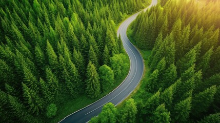 Aerial view of an asphalt road cutting through a green forest. Concept of travel, transportation, nature, and adventure.
