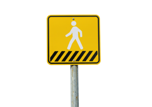 Isolated yellow pedestrian crossing sign with black stripes on a metal post, outside street