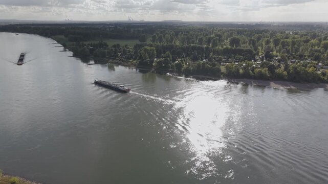 River of Rhein as a fly over with a drone from top during autumn season