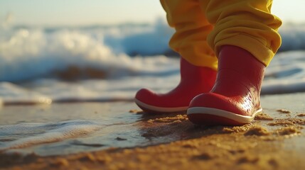 Child feet in yellow pants and red boots on sandy shore. Close-up of a child’s feet wearing yellow pants and red rubber boots standing on sand near water.
