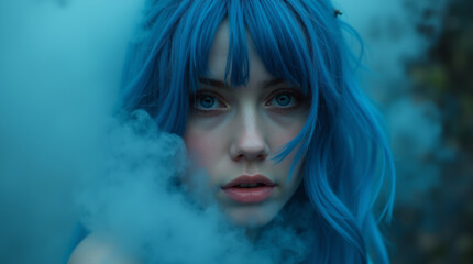 Fototapeta premium A mystical portrait of a fairy where mist and cool tones create a wintery magical mood