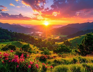 A breathtaking mountain vista at sunrise, showcasing vibrant colors, lush greenery, and a blanket of blooming flowers.