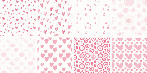 Collection of six seamless pink heart and circle patterns for valentine s day or romantic designs