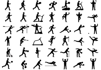 Diverse collection of black silhouette fitness and sports icons for health and active lifestyle