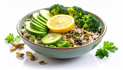 Vibrant Buddha Bowl with Broccoli, Cucumber, Lemon, and Mixed Grains